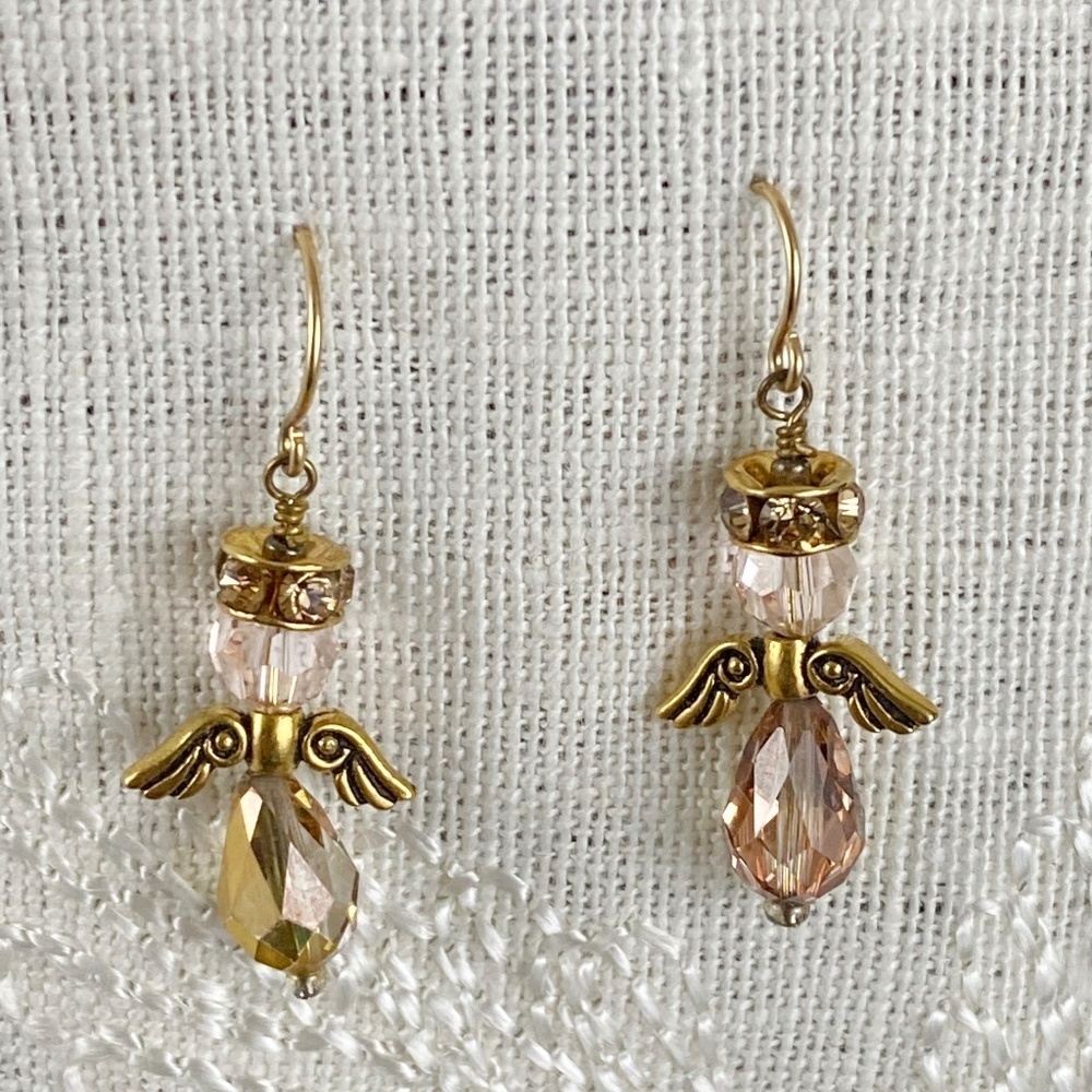 Angel Beaded Earring with Wings and Rhinestone hats Pink Gold